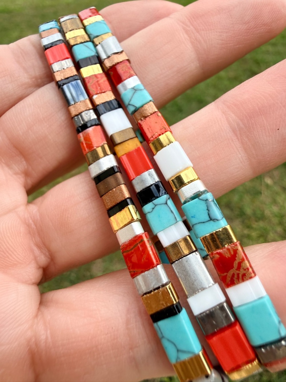 Multicolor Beaded Tile Stretch Bracelet - Turquoise & Red